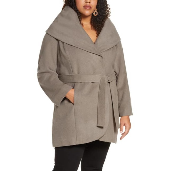 Halogen Jackets & Blazers - HALOGEN Wool Blend Hooded Wrap Tie Coat Pebble 1X